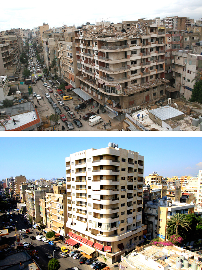 View of area around Afran Al-Moulouk following the 2006 air strikes (above) and after completion of reconstruction (below)
