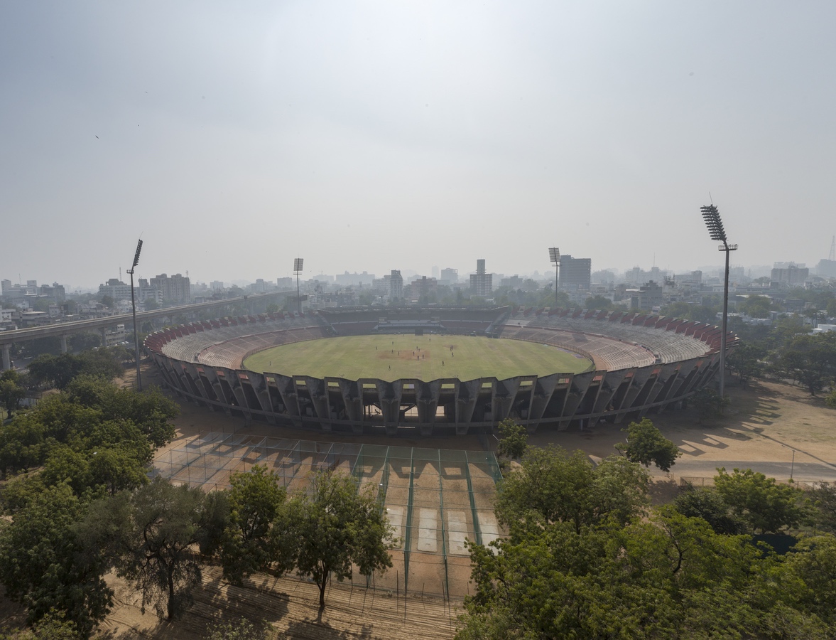 <p>Sardar Vallabhbhai Patel Stadium from a water tank nearby. Locals told me that people climb the water tank when important events happen and the stadium is full.</p>
