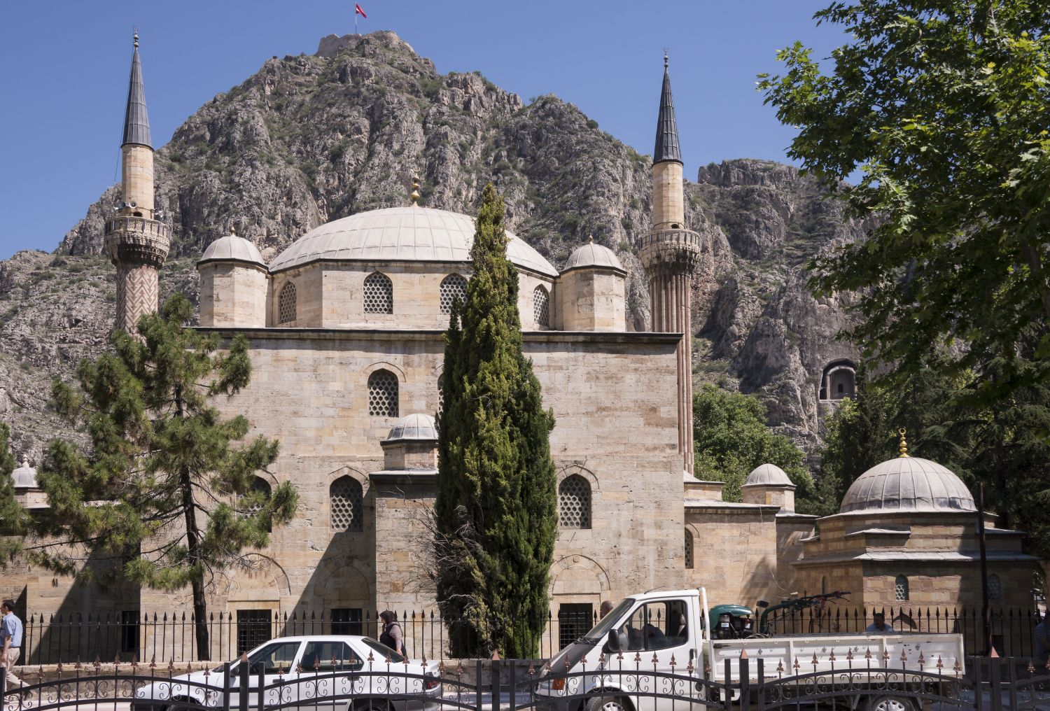 Exterior view of mosque from south.&nbsp;Harşena Mount is visible in background.
