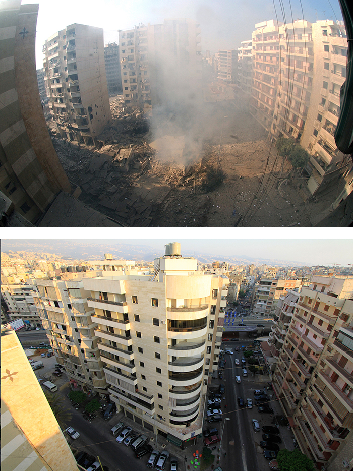 View of area around Al-Hassanein Mosque following the 2006 air strikes (above) and after completion of reconstruction (below)