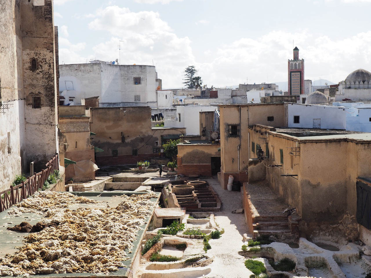 <p>View across the tannery, wool on the roof and tannery pits below, a minaret in the background</p>