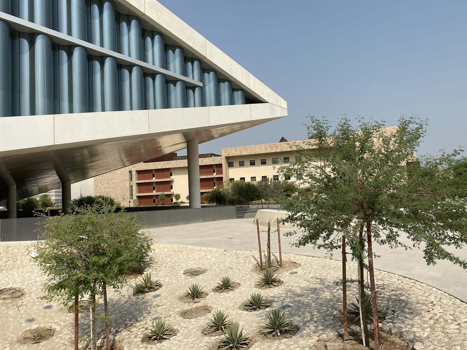 Exterior view, Qatar National Library; Georgetown University in Qatar visible in background