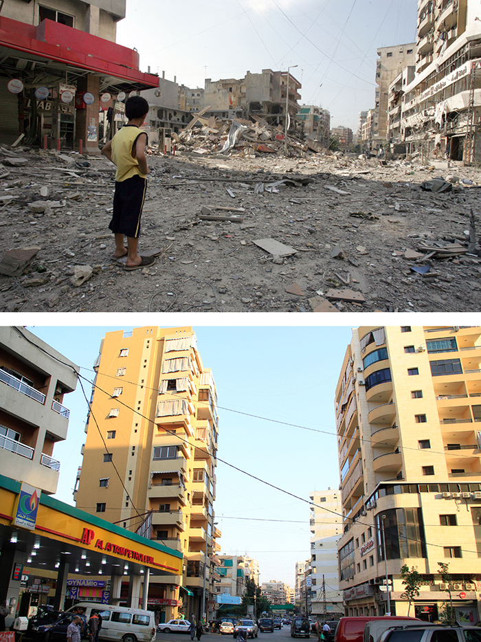 <div>Opposing view of area around Al-Hassanein Mosque following the 2006 air strikes (above) and after completion of reconstruction (below)</div>