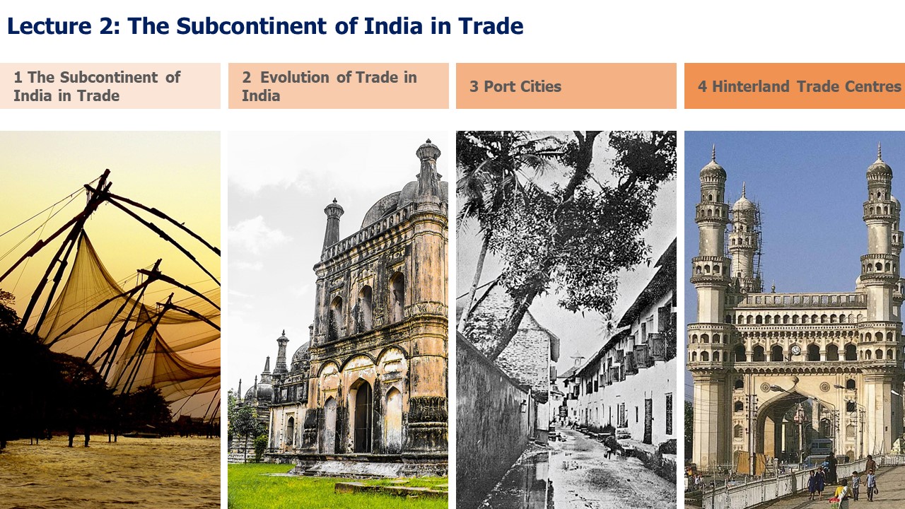  Centre for the Study of Architecture and Cultural Heritage of India, Arabia and the Maghreb - <p>In this lecture you will learn about:</p><ul><li>The Subcontinent of India in Trade: Trade and India, Impact of Indian Ocean Trade in India, Impact on Architecture;</li><li>Evolution of Trade in India: 800-1300 CE, 1300-1500 CE, 1500-1800 CE;</li><li>Port Cities: Port Cities Role, Cambay, Goa;</li><li>Hinterland Trade Centres: Hinterland Trade Routes; Bijapur.</li></ul><p><br></p><p><strong><u>Summary: </u></strong></p><p><br></p><p>The Indian Ocean trade exerted a significant impact on the development of the Indian historical landscape.&nbsp;</p><p><br></p><p>The emergence and expansion of port cities, including but not limited to Cambay, Surat, Kalyan, Chaul, Dabul, Goa, Mangalore, Calicut, and Cochin, which evolved into prominent commercial hubs, contributed to significant wealth generation and introduced extensive social, cultural and artistic influences.&nbsp;</p><p><br></p><p>The advent of the Portuguese in the early 15th century disturbed the prevailing pattern of maritime commercial activities and introduced European maritime and political influence across the Indian Ocean region.&nbsp;</p><p><br></p><p>In subsequent years, the management of the spice and other lucrative trading opportunities were assumed by the Dutch, French and eventually, the British, resulting in an unprecedented volume of trade and exchange.&nbsp;</p><p><br></p><p>Indian Ocean trade shaped economic practice (e.g., Chinese fishing techniques, porcelain trade), introduced new religious and cultural influences (Islam, Christianity), and shaped architecture and town configurations, not only in coastal port cities (e.g., Cochin, Cambay, Goa) but deep inland along the hinterland trade routes (e.g., Bijapur).</p>