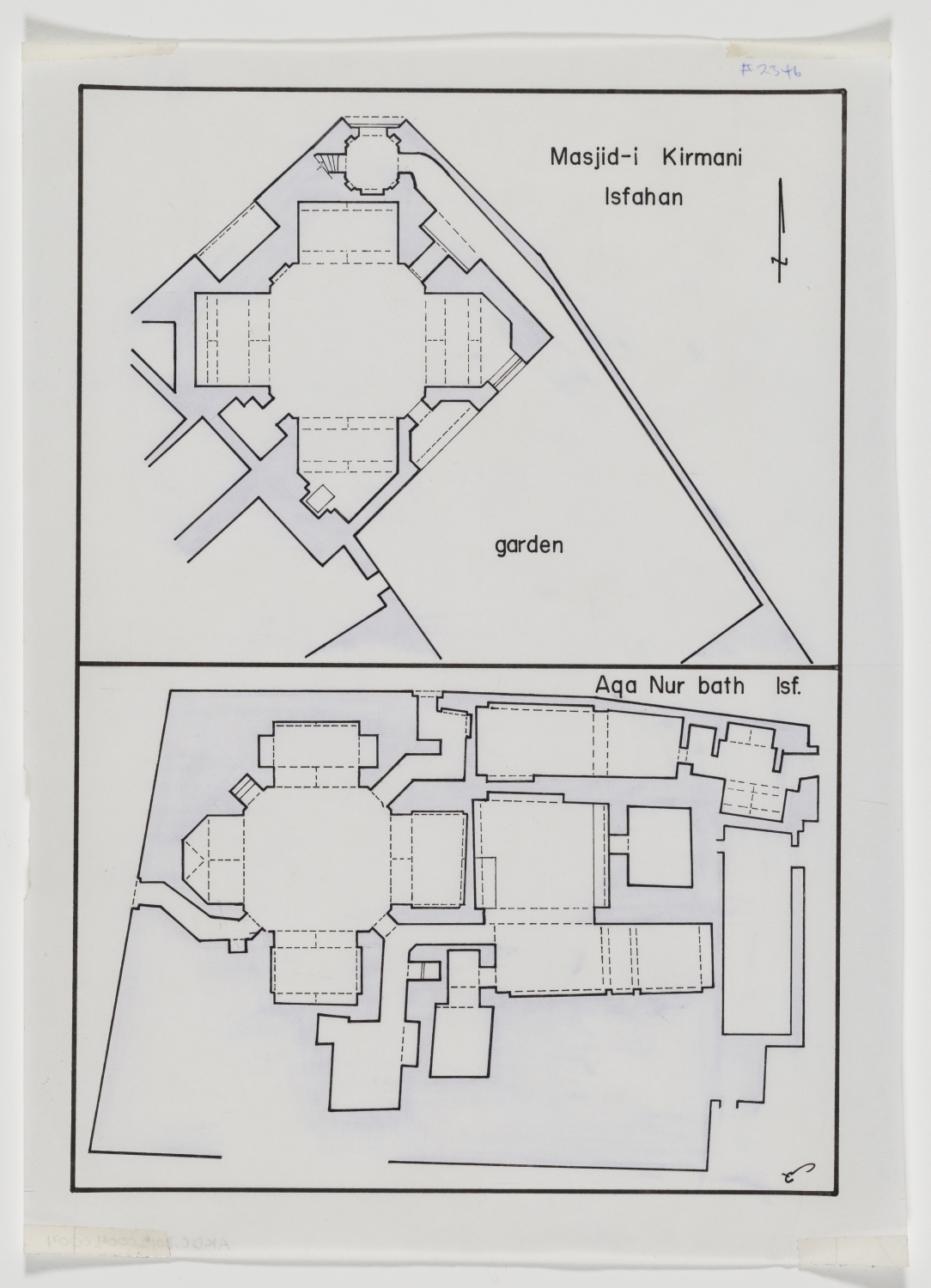 Plans comparing the form of the interior of the Masjid-i Kirmani to that of the Aqa Nur bath.
