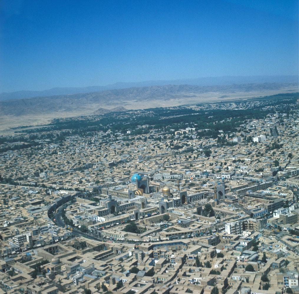 Aerial view of the shrine and surrounding city