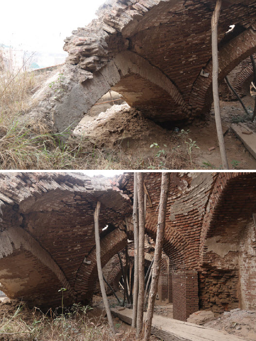 Views of structural damage in the Imperial Kitchen building before conservation