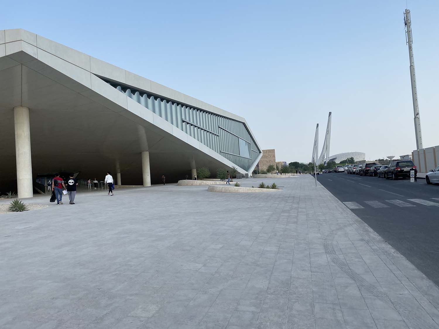 Exterior view, Qatar National Library; Education City Mosque visible in background