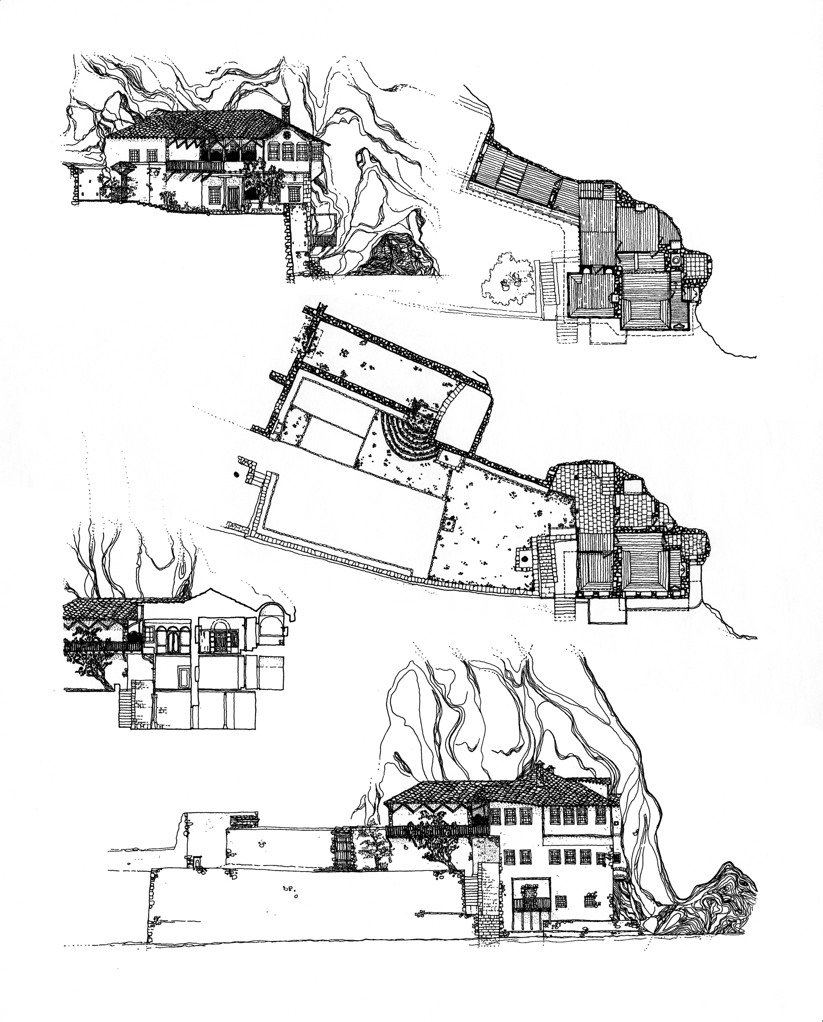 <p>The plan, section, and elevation views of this monastic building show an extraordinary fit between building and site. Finely crafted interior spaces provide ritual, guest and bathing accommodations, and include a mausoleum for a legendary shiekh. Courtyard spaces complete the setting.</p><p>(drawings by authors 1993, data from the multiple sources at Bosnian Preservation Institute, Sarajevo and Mostar)</p>