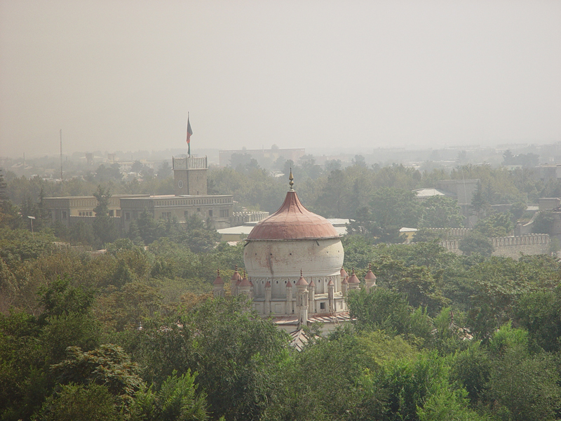 Aerial view over Park-e Zanegar with view of Amir Abdur Rahman Khan Mausoleum dome in foreground