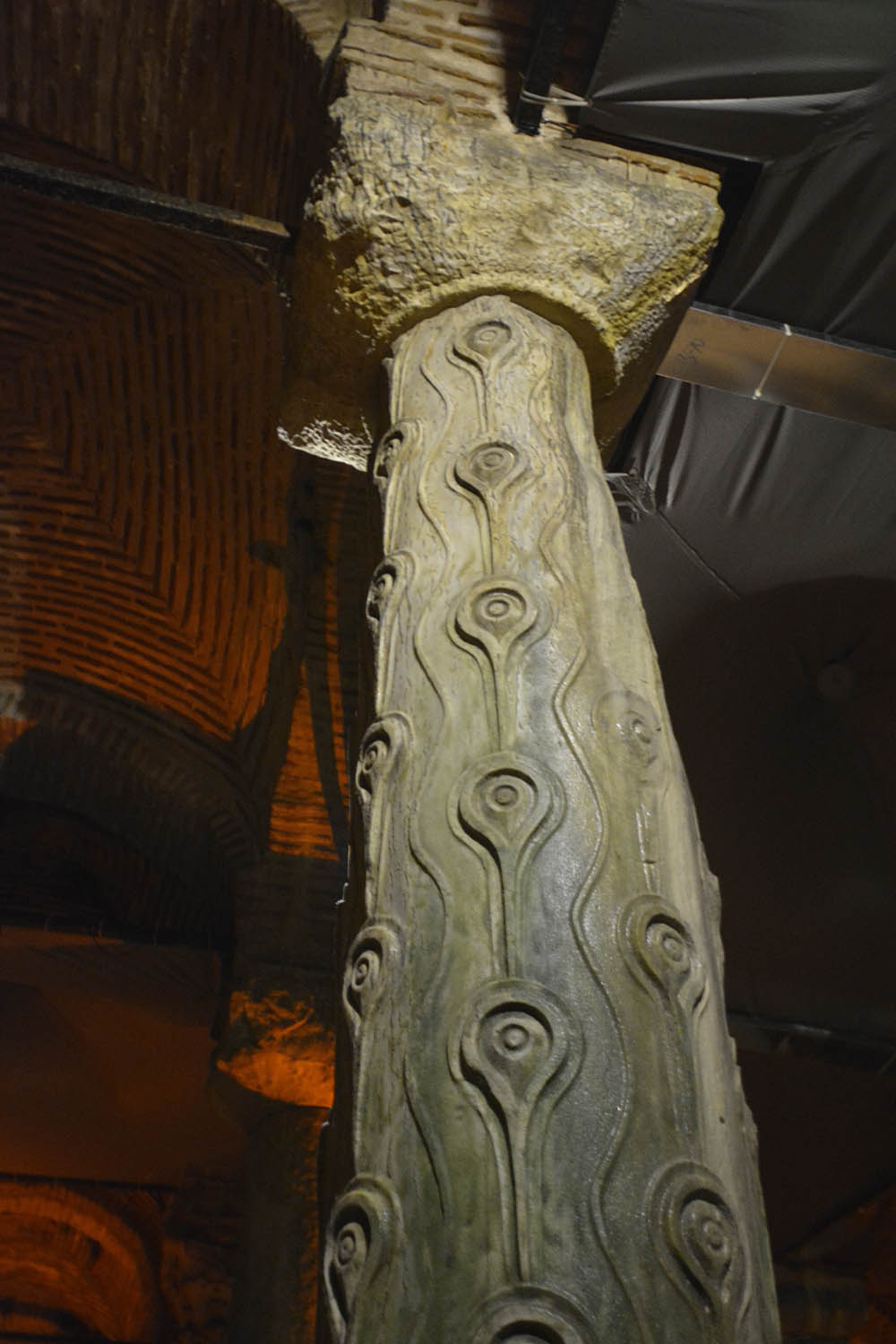 Detail view of a carved column and capital inside the cistern.
