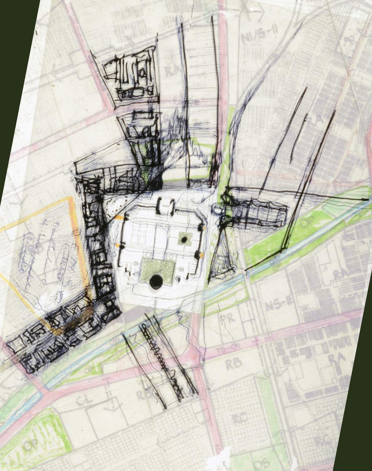 Site plan sketch on translucent ground, over intended location showing mosque on map of Baghdad neighborhood.