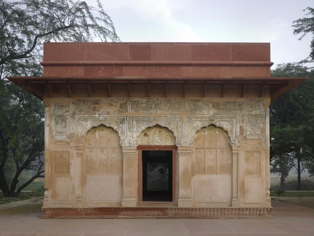 Exterior of pavilion, restoration work in progress
