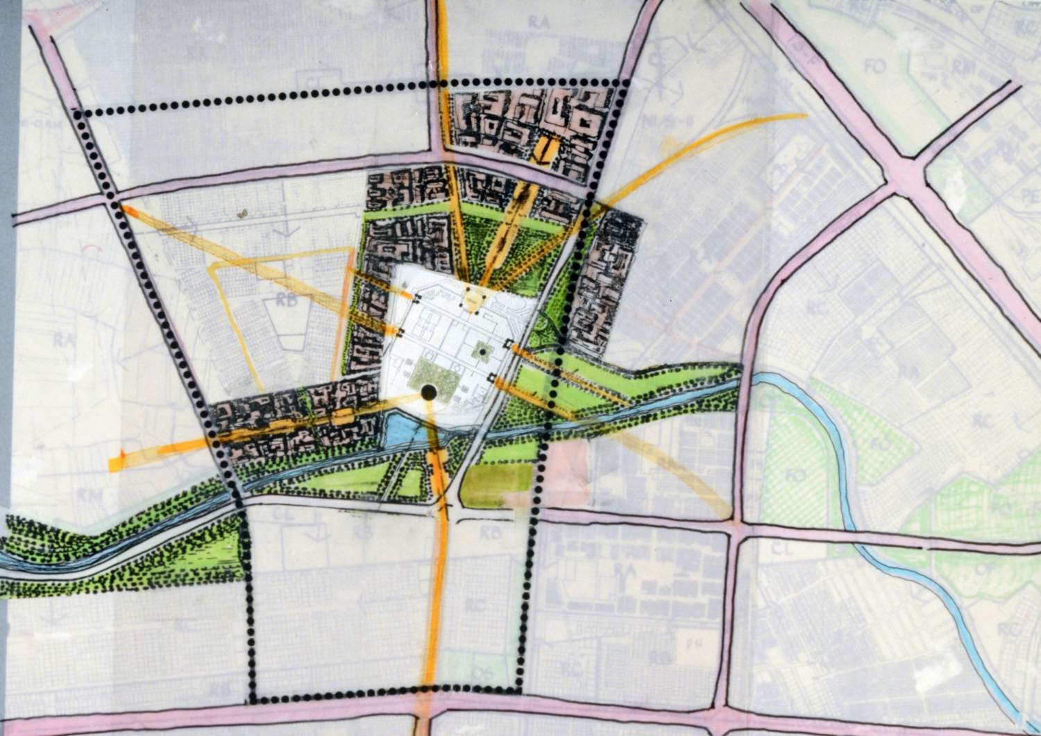 Site plan rendering of mosque and adjacent green areas, surrounding buildings and roads, on translucent ground, over intended location showing mosque on map of Baghdad neighborhoods.