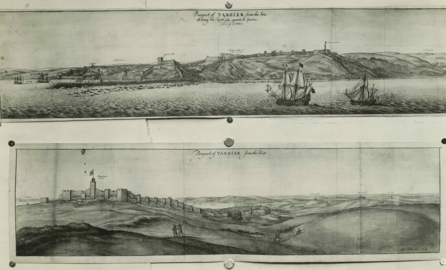 <p>Top: Drawing by Wenceslaus Hollar of a view of Tangier from the sea, opposite of Spain Bottom: Drawing by Hollar of Tangier from the West</p>