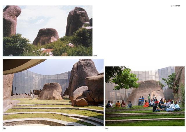 The rocks and shrubs before construction. - The same rocks with the building and the landscaped open air theatre. - The same space with LaCONES staff