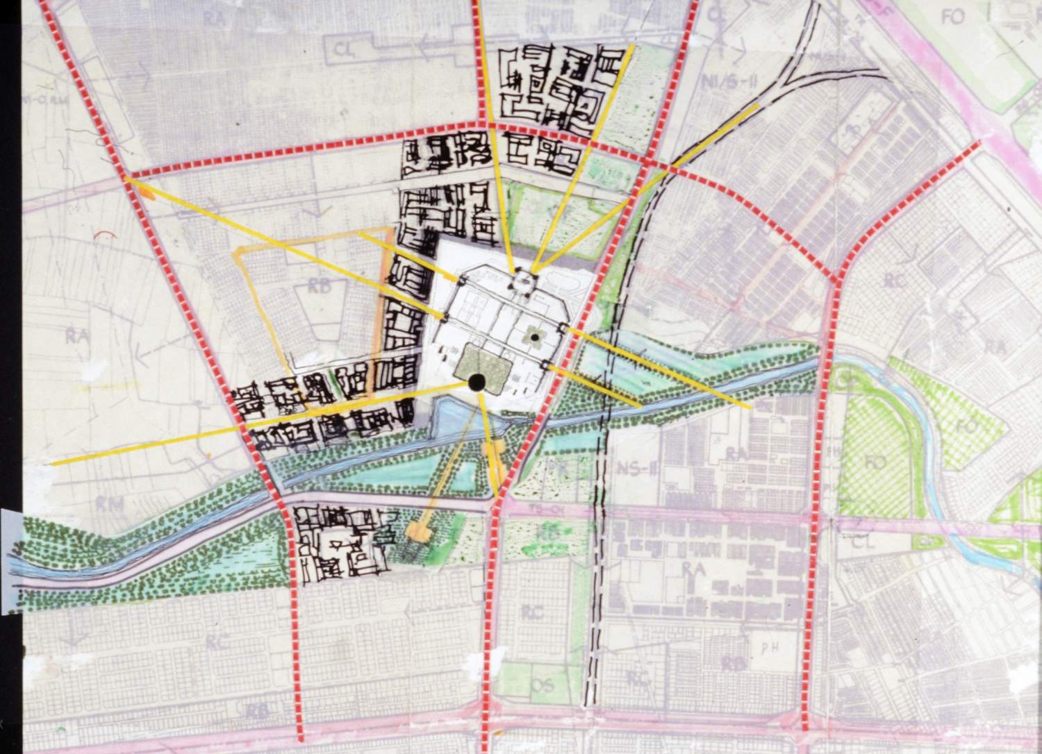 Site plan rendering of mosque and adjacent roads and features on translucent ground, over intended location showing mosque on map of Baghdad neighborhoods.