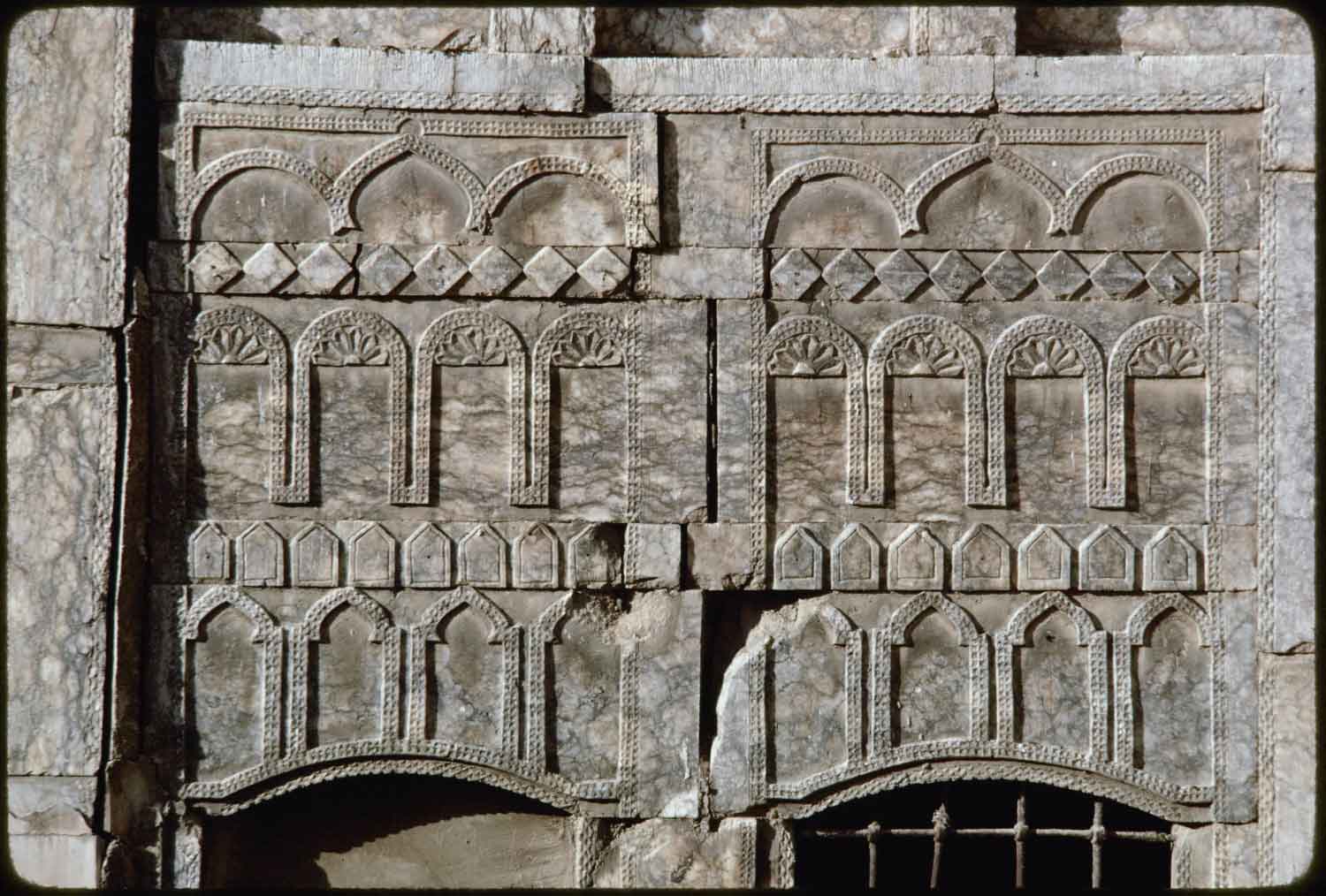 Bayt al-Tutunji - Courtyard, detail view of stonework on east facade.