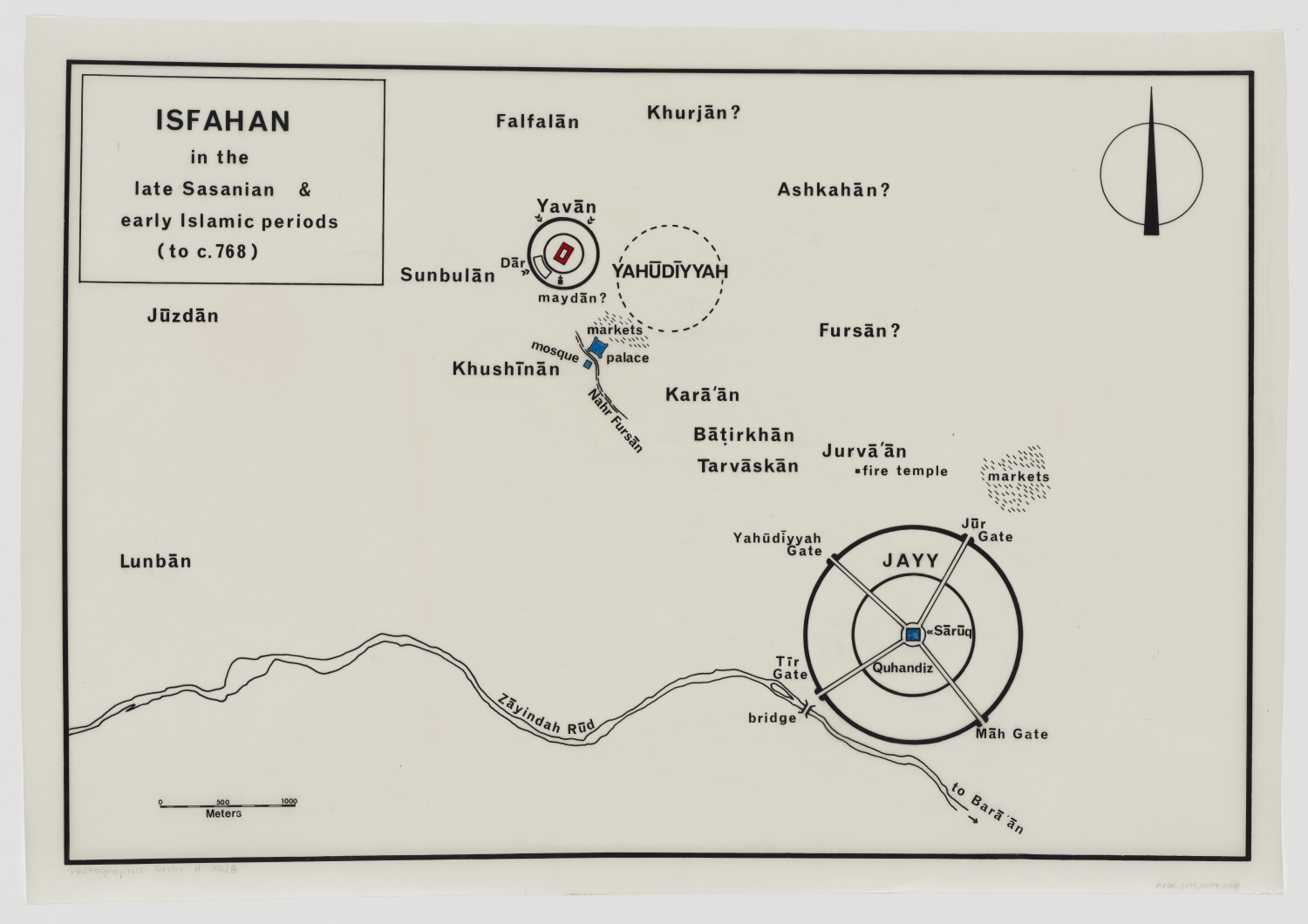 Map of Isfahan area in the late Sasanian and early Islamic periods, showing settlements and walled city of Jayy.