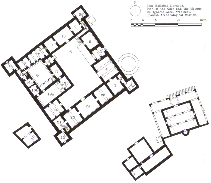 Qasr al-Hallabat, plan of the Qasr and the mosque