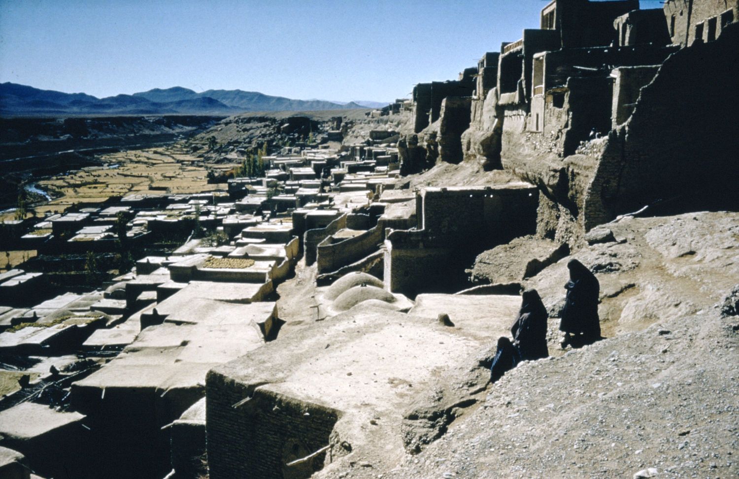 View of dwellings built into the side of rock formation.