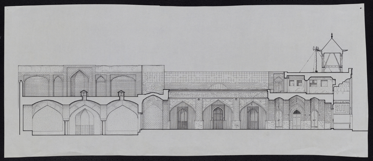 Section through mosque (southeast to northwest) showing minaret over portal on right.