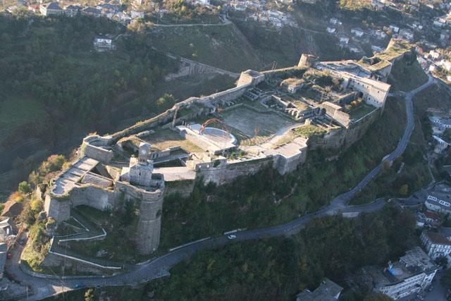 Aerial view of the restored castle of Gjirokastra