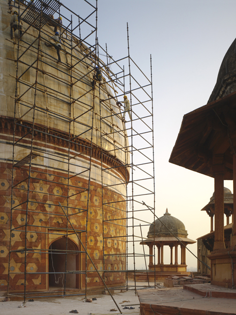 Domes on top of main mausoleum undergoing restoration