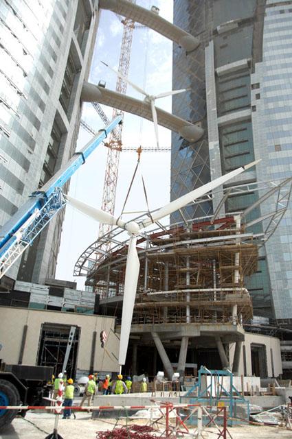 Bahrain World Trade Centre - Turbine blades lifted, 2