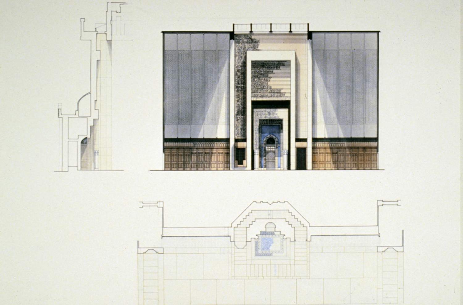 <p>Plan, internal elevation, and section of the mihrab.</p>