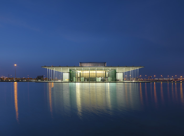 National Theatre of Bahrain at night: view from the lagoon 