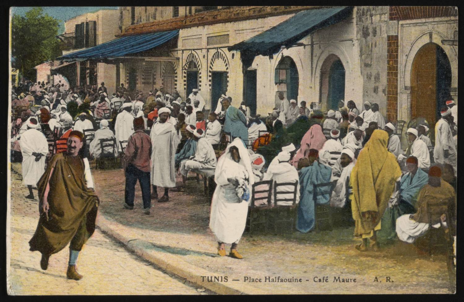 Halfaouine Square with sidewalk cafés. Colorized postcard.<br>