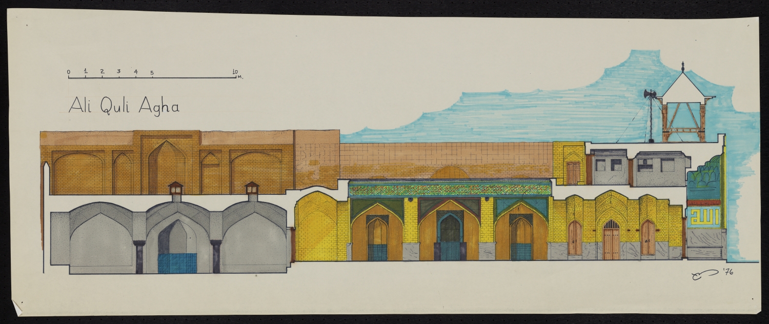 Hand-colored section through mosque (southeast to northwest) showing minaret over portal on right.