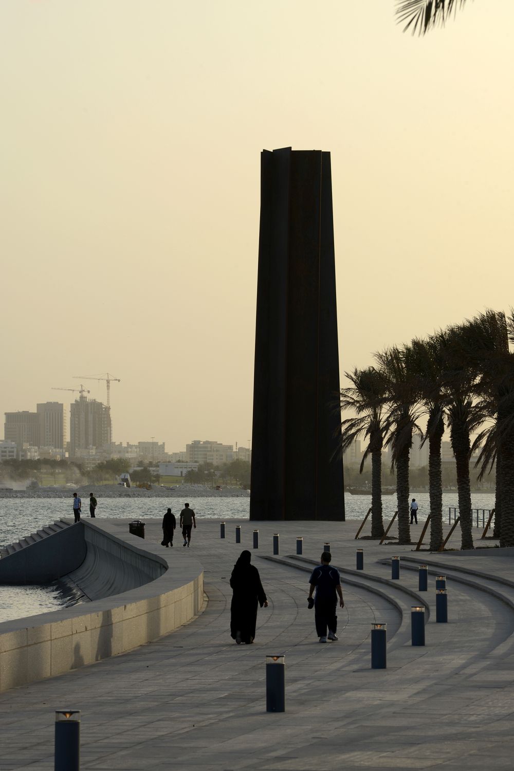 The centerpiece of the park is a monumental vertical sculpture by Richard Serra positioned as a beacon at the tip of park 