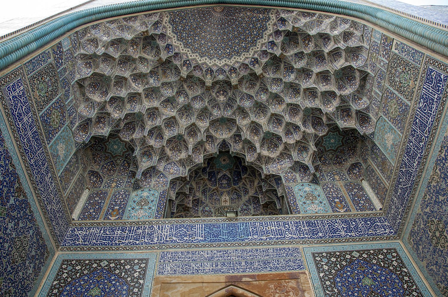 View of muqarnas vault in entrance portal from below.