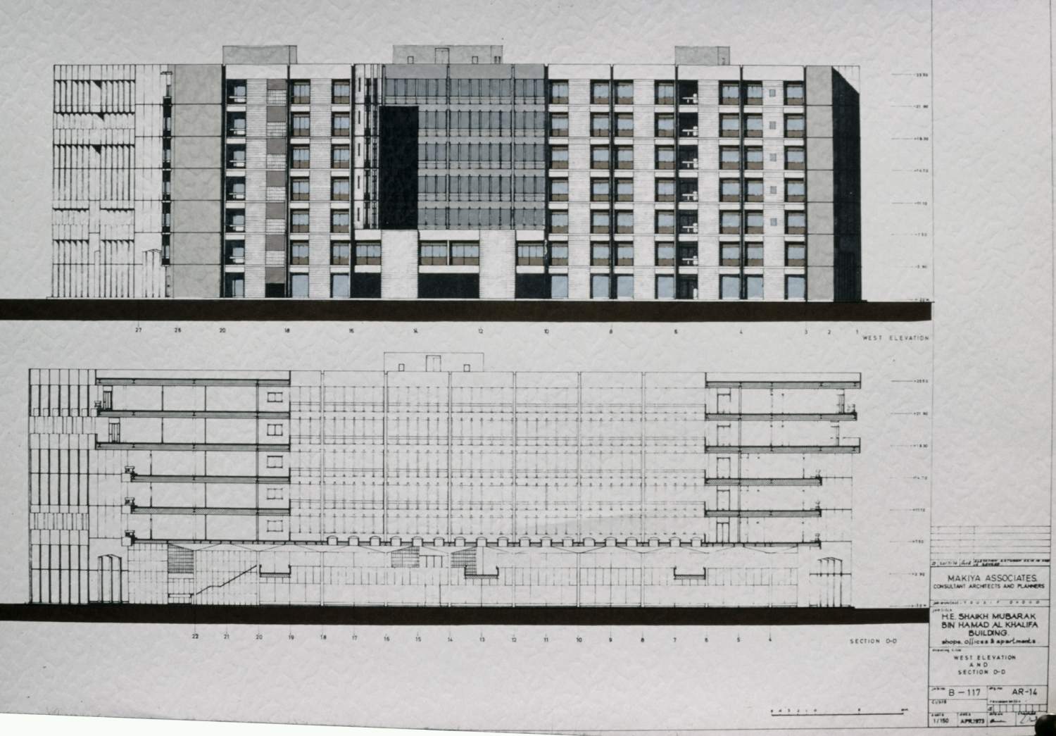 <p>West elevation and section D-D</p>