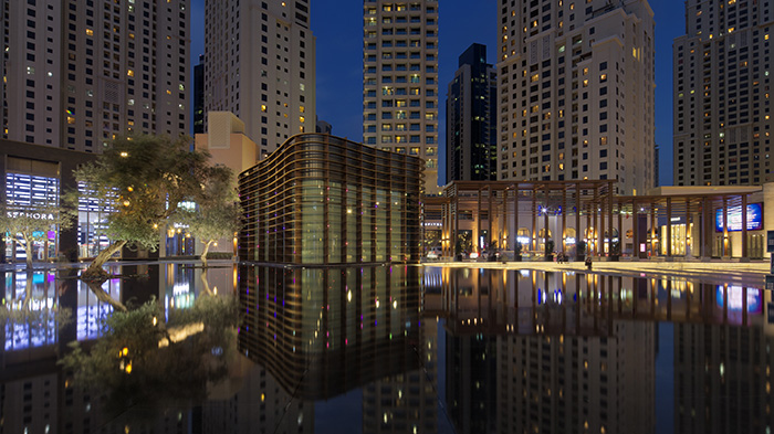 Main water feature at night  