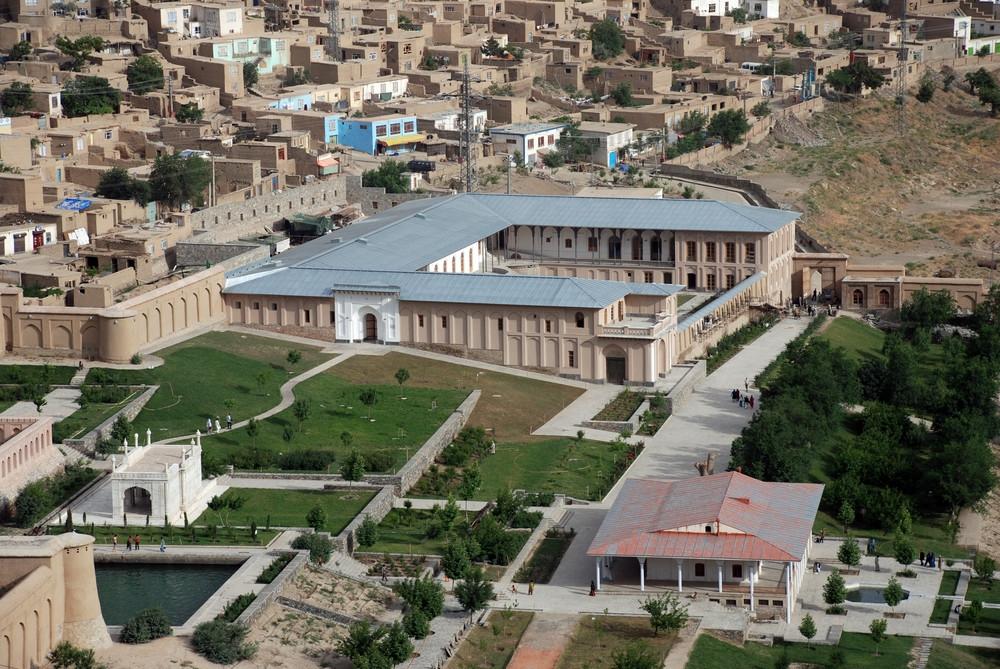 Aerial view over the Baghe Babur looking to the Queen's Palace