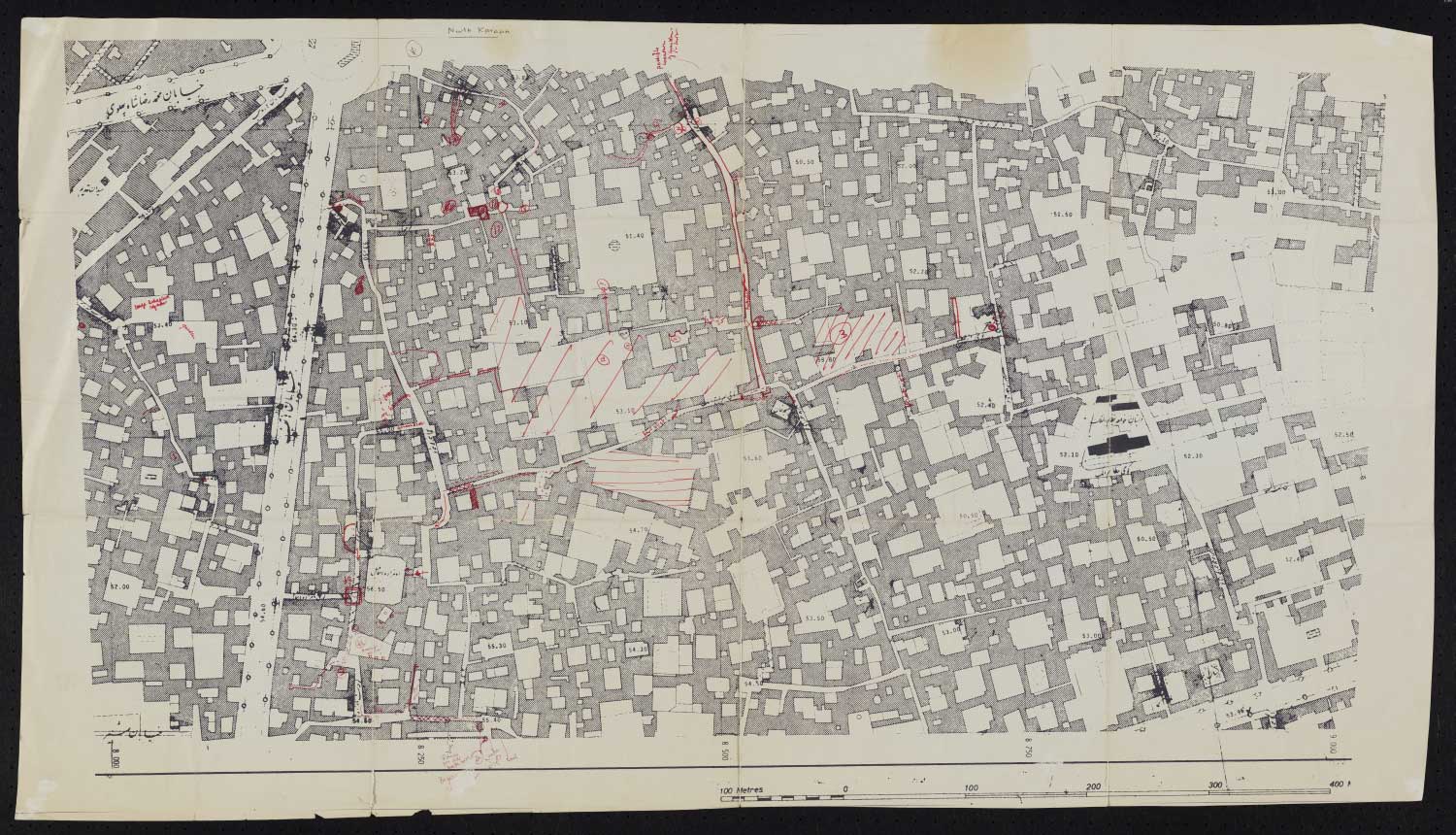 Kara'an Quarter, northern section. From a map of Isfahan at scale of 1:2500 published by the National Cartographic Centre of Iran [Sazmān-i Naqsha-Bardārī-i Kishwar] in 1963 [1342 SH]. 