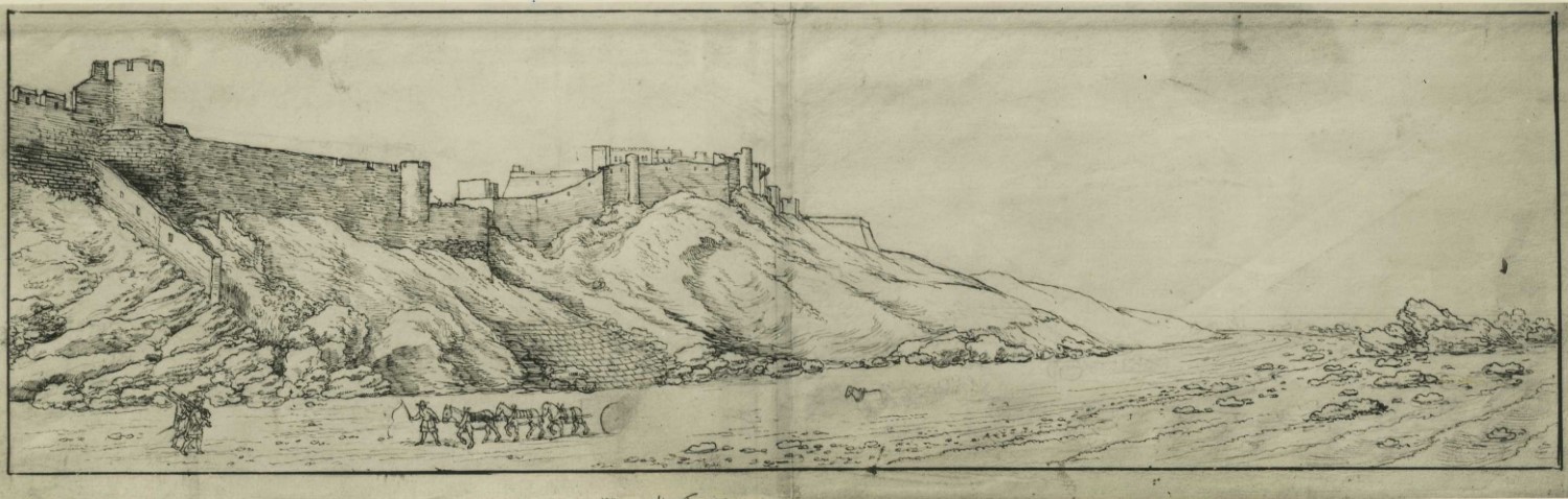 <p>Hollar drawing of a beach in Tangier with a castle/fortress in the left background</p>