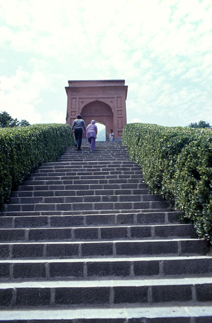 View up front stairs toward gate leading to first terrace.