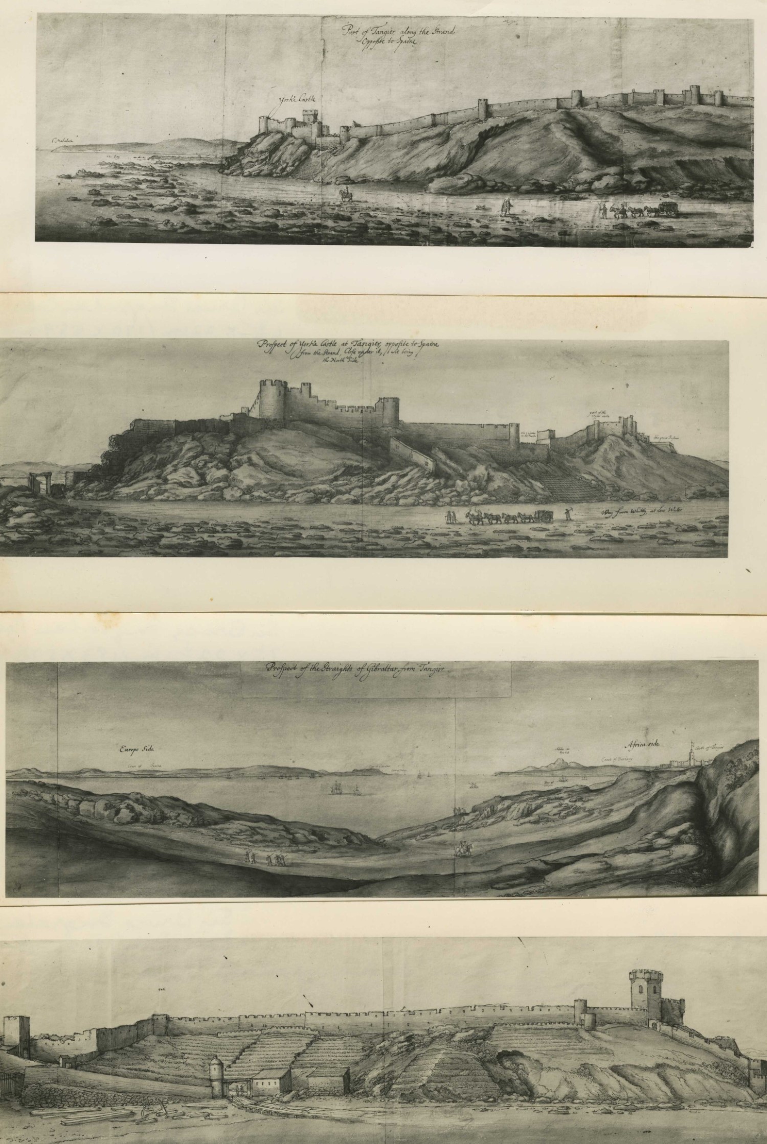 Qal'a al-Basha 'Ali Ibn 'Abd 'Allah al-Rifi - <p>Set of four engravings: First: Yorke Castle, part of Tangier along the Strand, opposite to Spain Second: Prospect of Yorke Castle at Tangier Third: Prospect of the straits of Gibraltar from Tangier Fourth:The entrance to the fortifications of the Yorke Castle in Tangier</p>