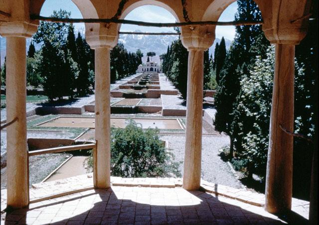 View of garden from the porch of entrance pavilion
