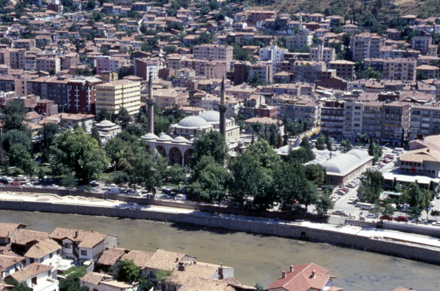 Aerial view of mosque situation along  Yeşilırmak River