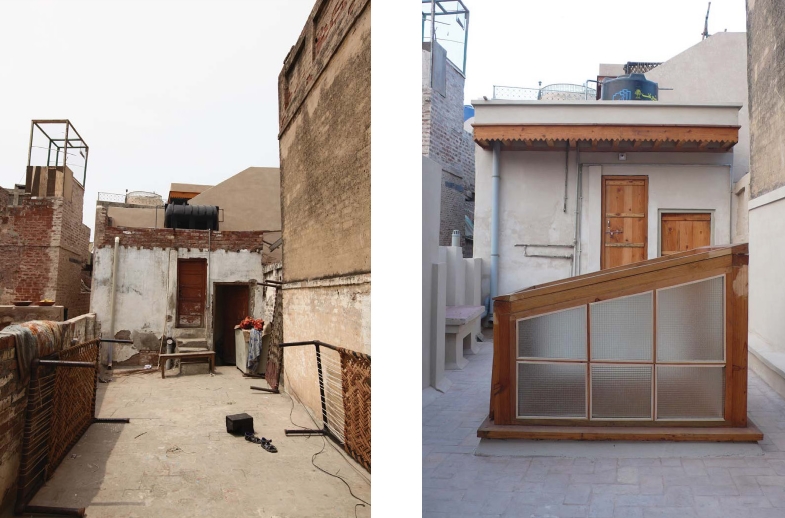 Gali Surjan Singh Mohalla Demonstration Project - <p>G-328 before and after conservation, with newly installed ventilation mug</p>