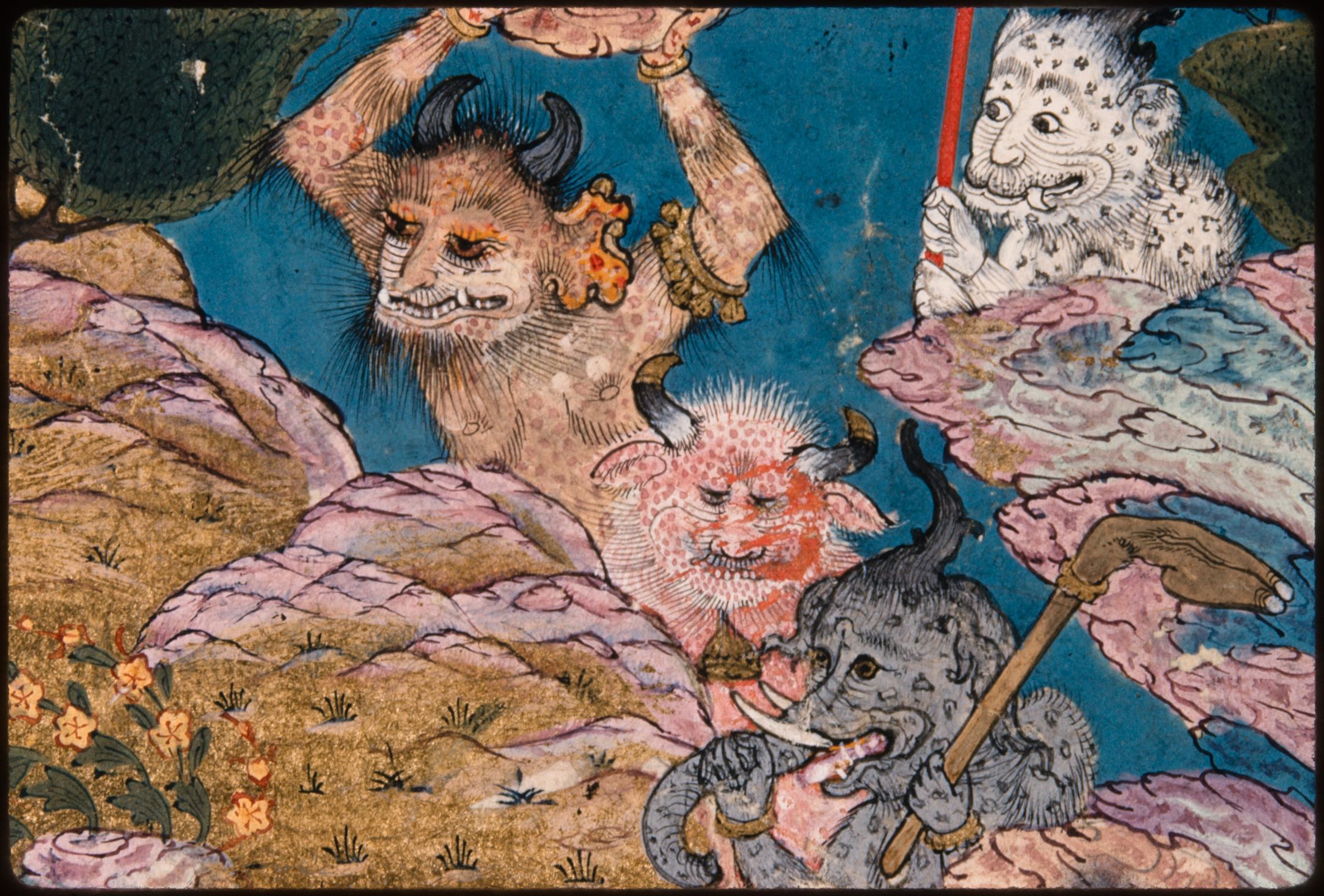 Detail of a demon from Rustam's Sixth Course: He Slays Arzhang (Tehran Museum of Contemporary Art), f. 122v from the Houghton Shahnama