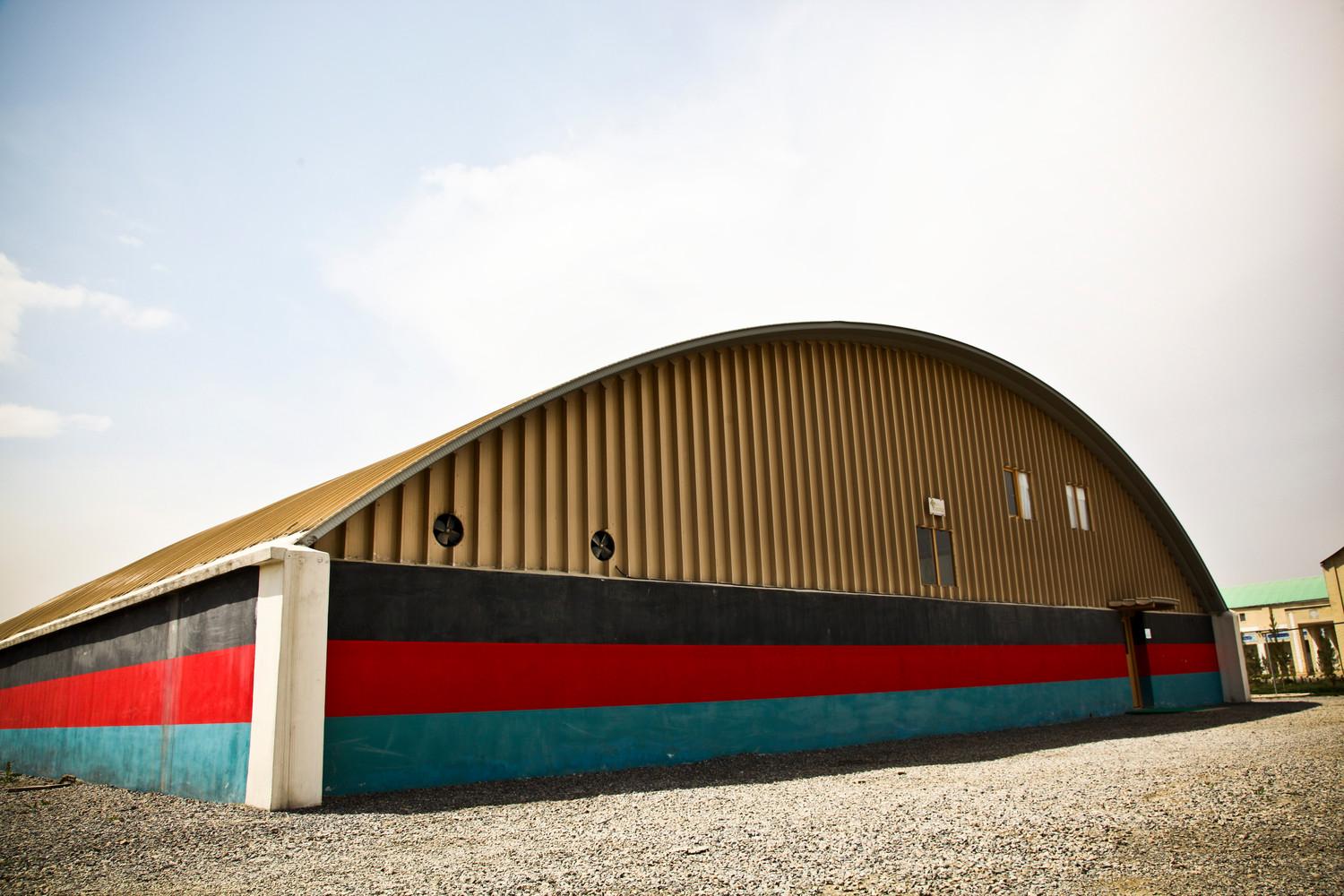 External view of Skateistan facility from front, painted with the Afghan colors