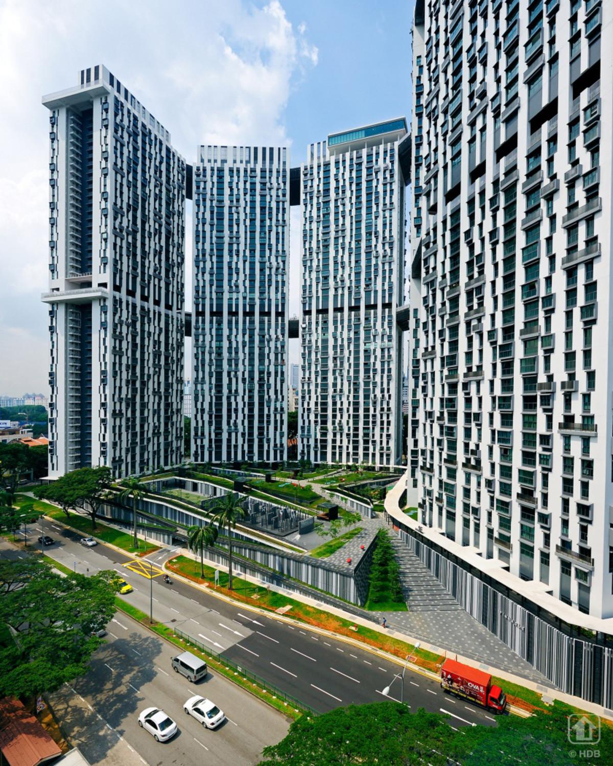 Overall view of the Pinnacle@Duxton, seen from Cantonment Road, with the unique façade in full view.