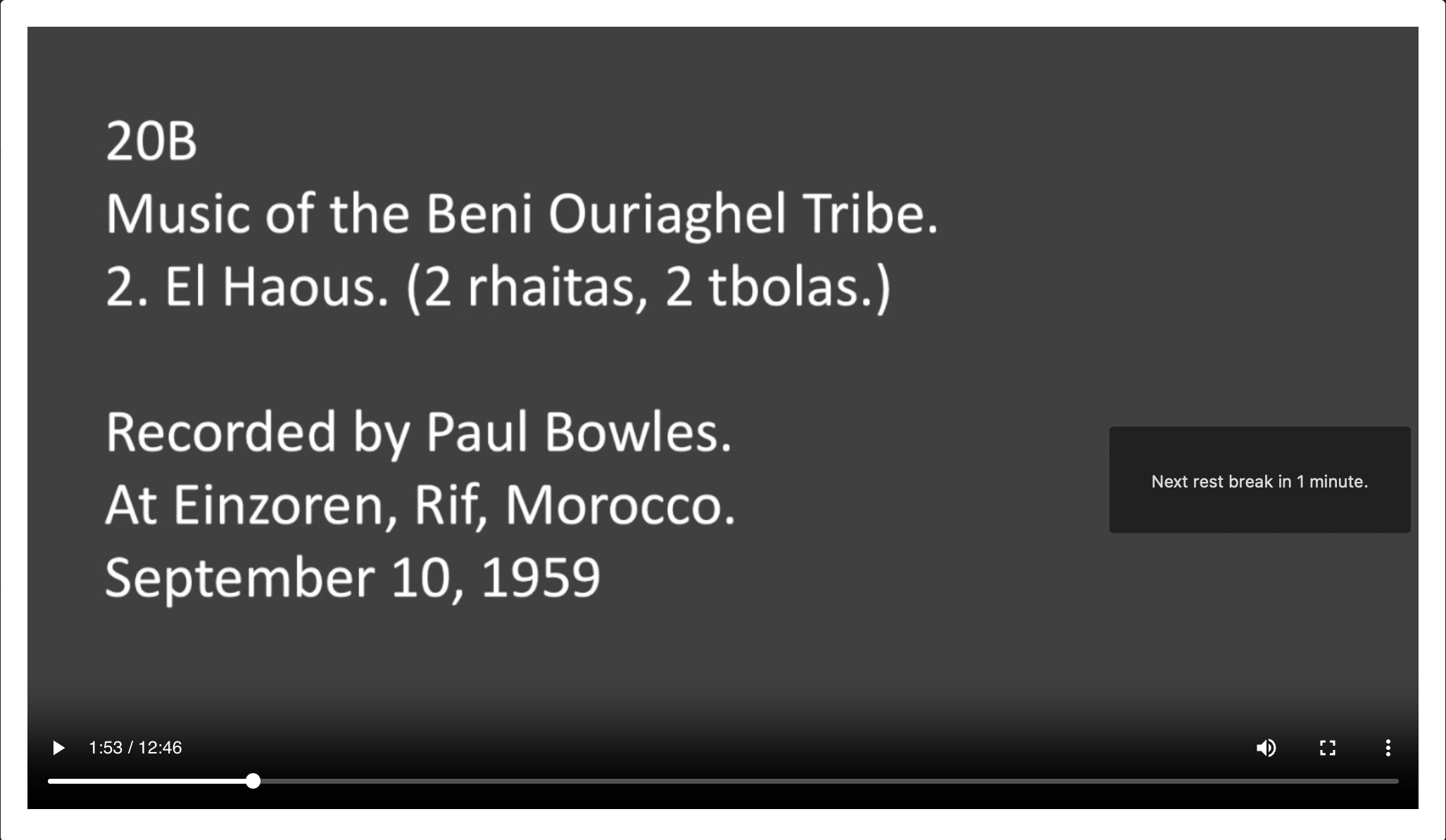 <p>20B 2 - El Haous. (2 rhaitas, 2 tbolas.) Music of the Beni Ouriaghel Tribe. Recorded by Paul Bowles. At Einzoren, Rif, Morocco. September 10, 1959</p>