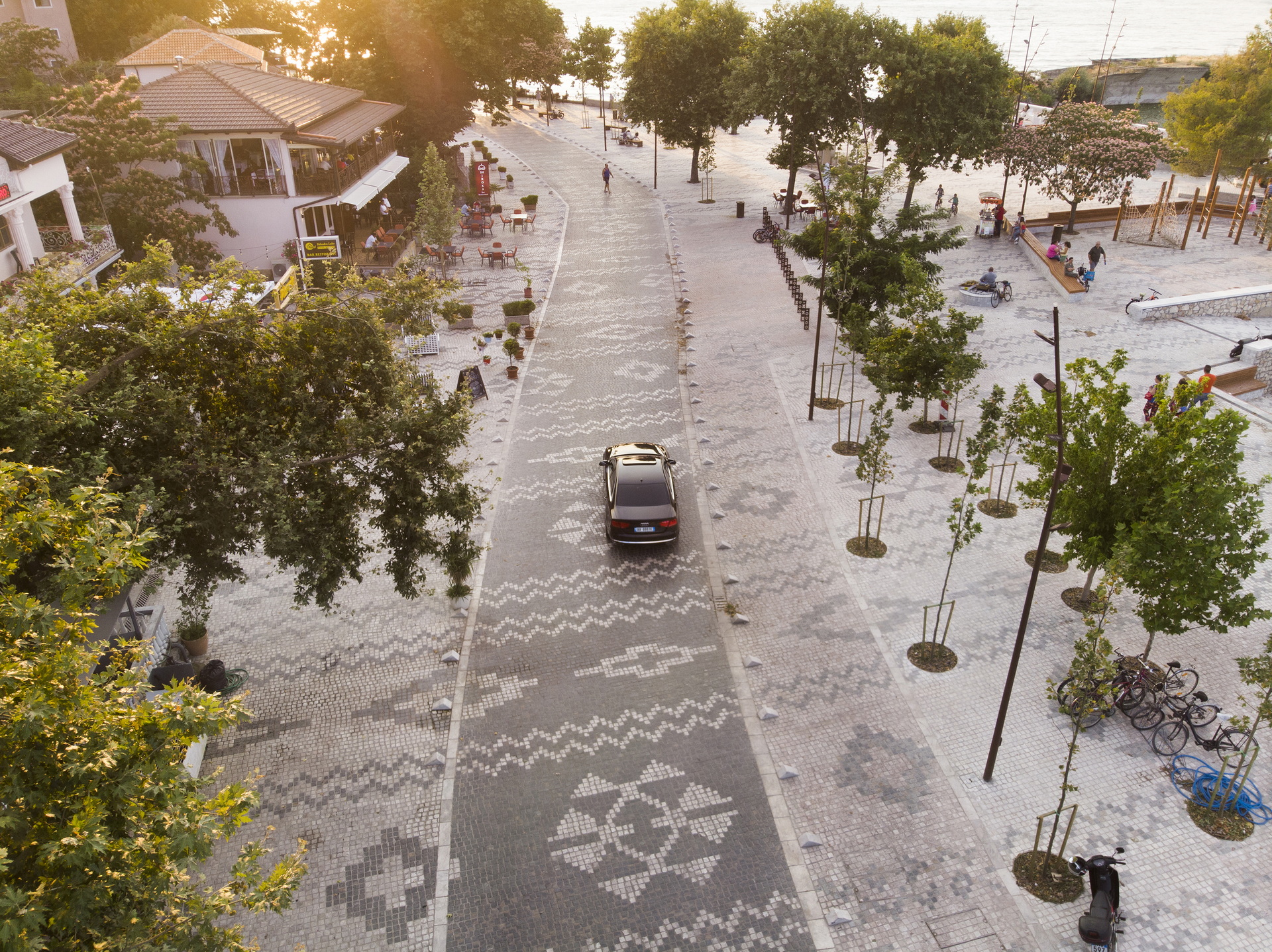 <p>Aerial view shared-pavement street</p>